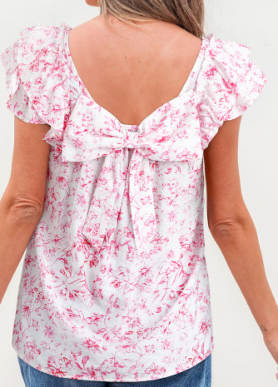 Pink Floral Bow-Back Ruffle Sleeve Top